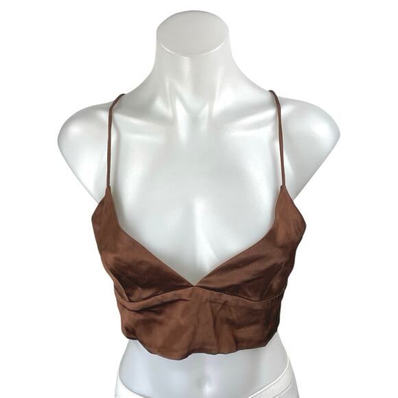 Zara Brown Silk Satin Sleeveless Cut Out Cami Camisole Tank Crop Top Size S - Picture 1 of 3